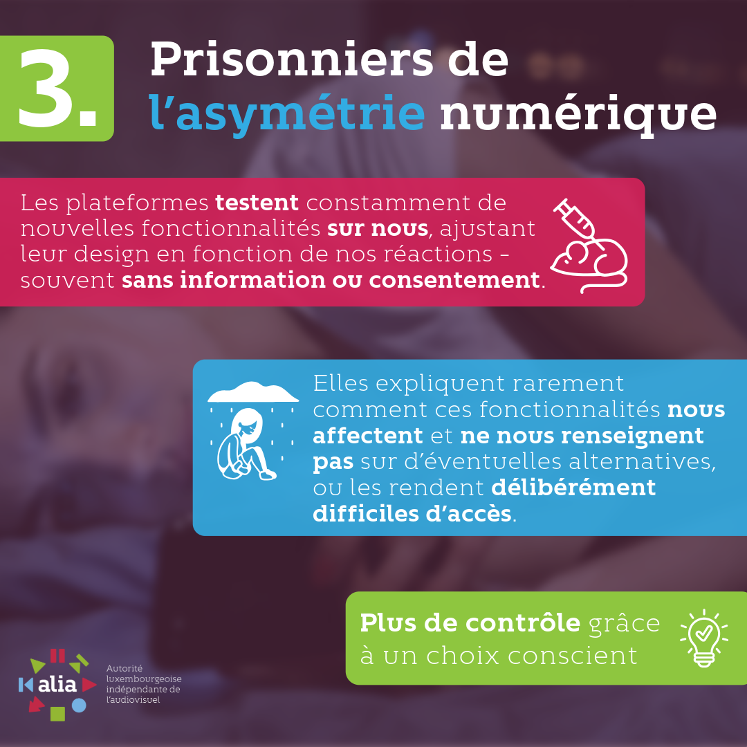 Prisonniers de l’asymétrie numérique Les plateformes testent constamment de nouvelles fonctionnalités sur nous, ajustant leur design en fonction de nos réactions – souvent sans information ou consentement. Elles expliquent rarement comment ces fonctionnalités nous affectent et ne nous renseignent pas sur d’éventuelles alternatives, ou les rendent délibérément difficiles d’accès. Plus de contrôle grâce à un choix conscient