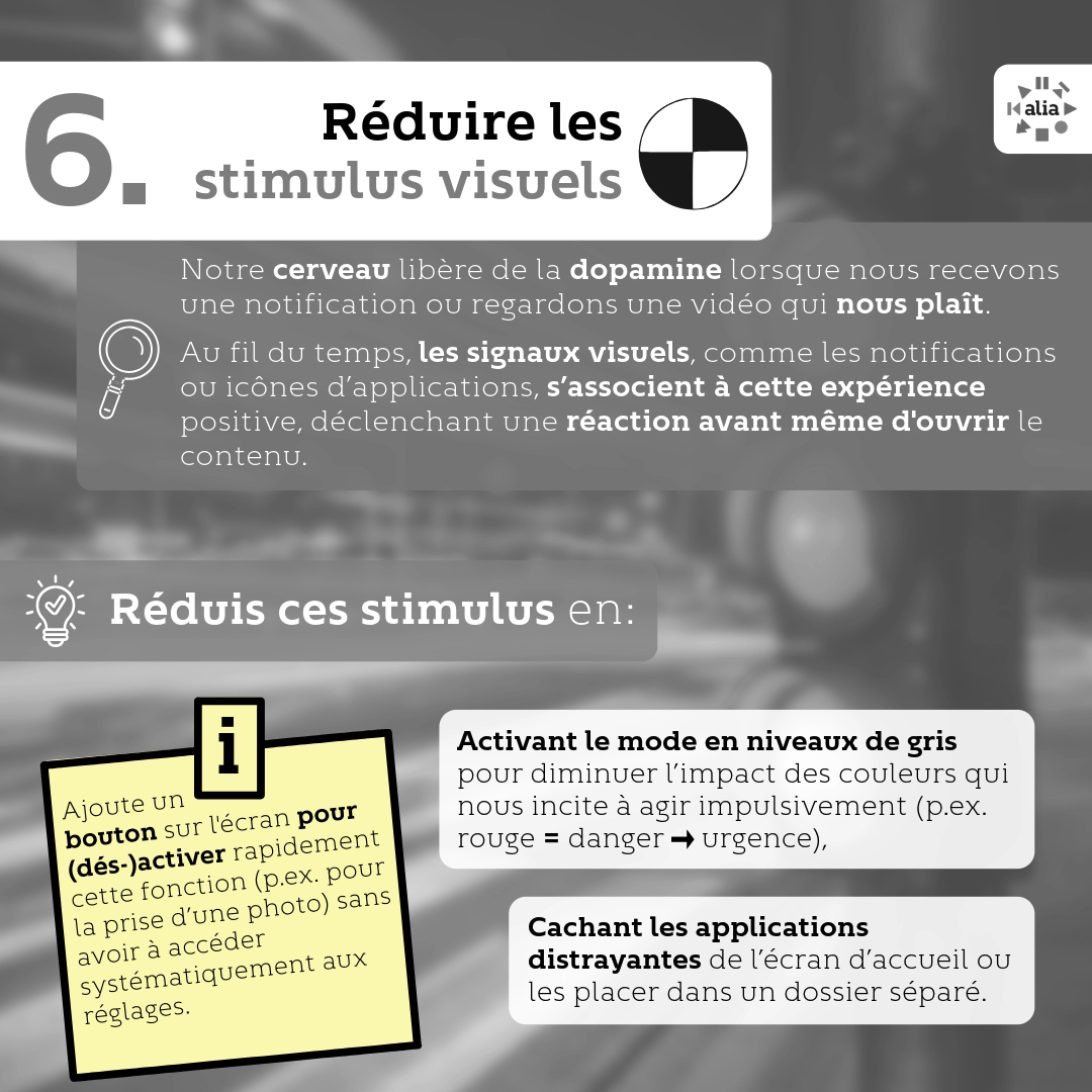 Réduire les stimulus visuels Notre cerveau libère de la dopamine lorsque nous recevons une notification ou regardons une vidéo qui nous plaît. Au fil du temps, les signaux visuels, comme les notifications ou icônes d’applications, s’associent à cette expérience positive, déclenchant une réaction avant même d'ouvrir le contenu. Pour réduire ces sollicitations, tu pourrais : · Activer le mode en niveaux de gris pour diminuer l’impact des couleurs qui nous incite à agir impulsivement (par exemple, le rouge = danger > urgence), · Cacher les applications distrayantes de l’écran d’accueil ou les placer dans un dossier séparé. Ajouter un bouton sur l'écran pour (dés-)activer rapidement cette fonction (par exemple pour la prise d’une photo) sans avoir à accéder systématiquement aux réglages.
