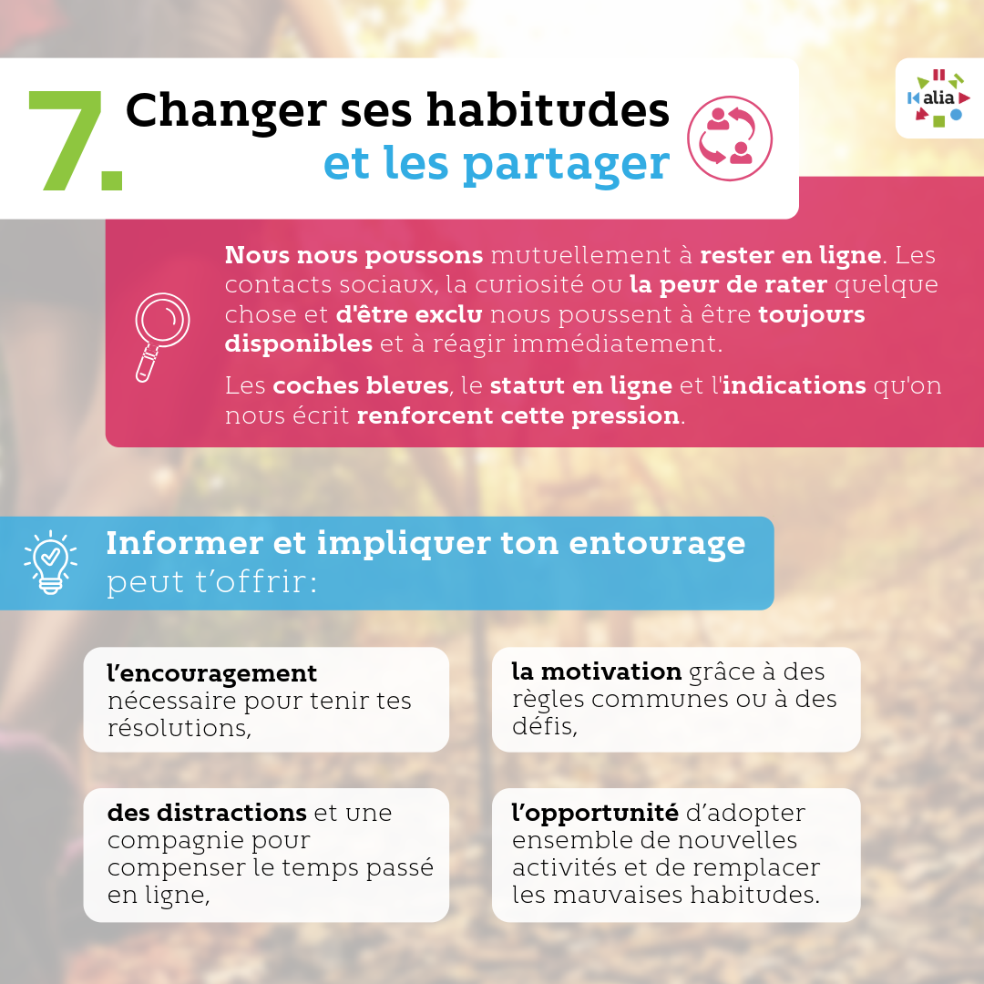 Changer ses habitudes et les partager Nous nous poussons mutuellement à rester en ligne. Les contacts sociaux, la curiosité ou la peur de rater quelque chose et d'être exclu nous poussent à être toujours disponibles et à réagir immédiatement. Les coches bleues, le statut en ligne et les indications qu'on nous écrit renforcent cette pression. Informer et impliquer ton entourage peut t’offrir : • l’encouragement nécessaire pour tenir tes résolutions, • la motivation grâce à des règles communes ou à des défis, • des distractions et une compagnie pour compenser le temps passé en ligne, • l’opportunité d’adopter ensemble de nouvelles activités et de remplacer les mauvaises habitudes.